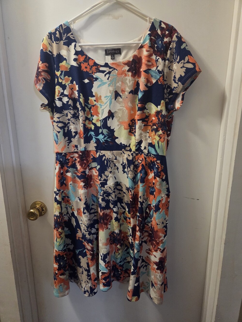 Luxology Navy Floral Fit-and-Flare Dress with Orange & Teal Accents